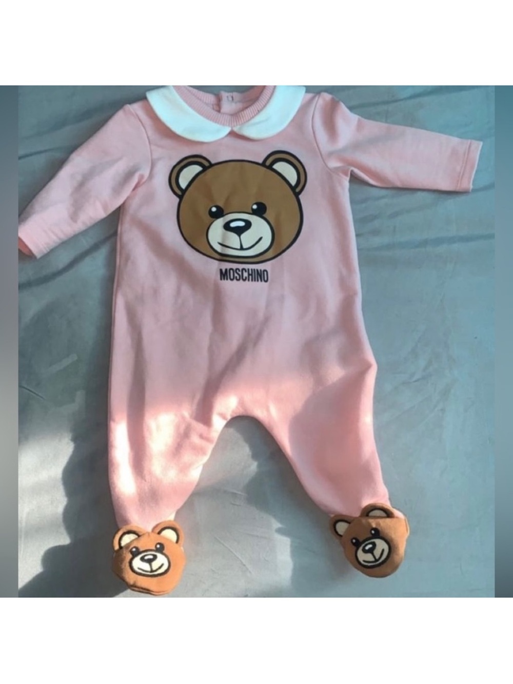 Moschino Pink Bear Footed Baby One-Piece with White Collar